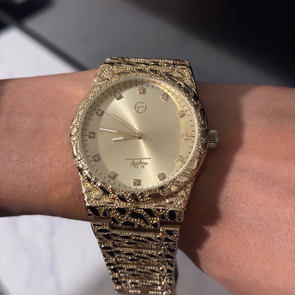 Gold Textured Watch with Crystal Accents - Picture 8 of 9